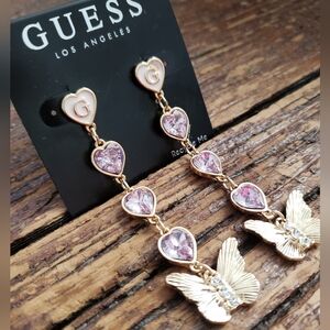 Guess Gold and Purple Heart Earrings with Butterfly Charm